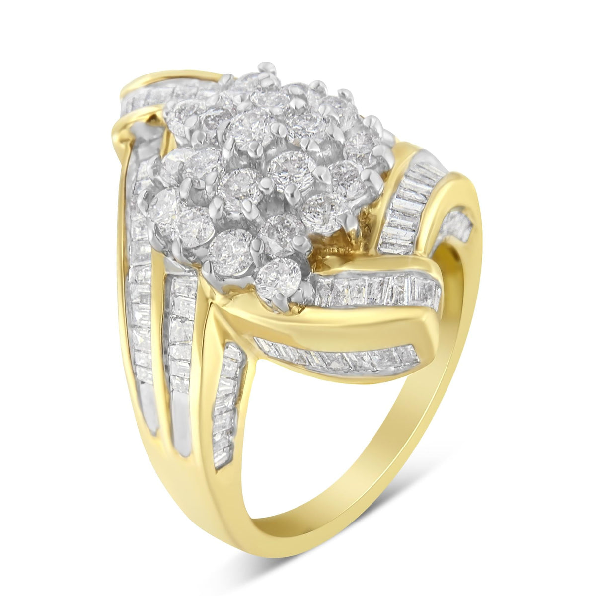 10K Yellow Gold Round and Baguette Diamond Crossover Cluster Ring (3 Cttw, I-J Color, I1-I2 Clarity) - JackiEaslick