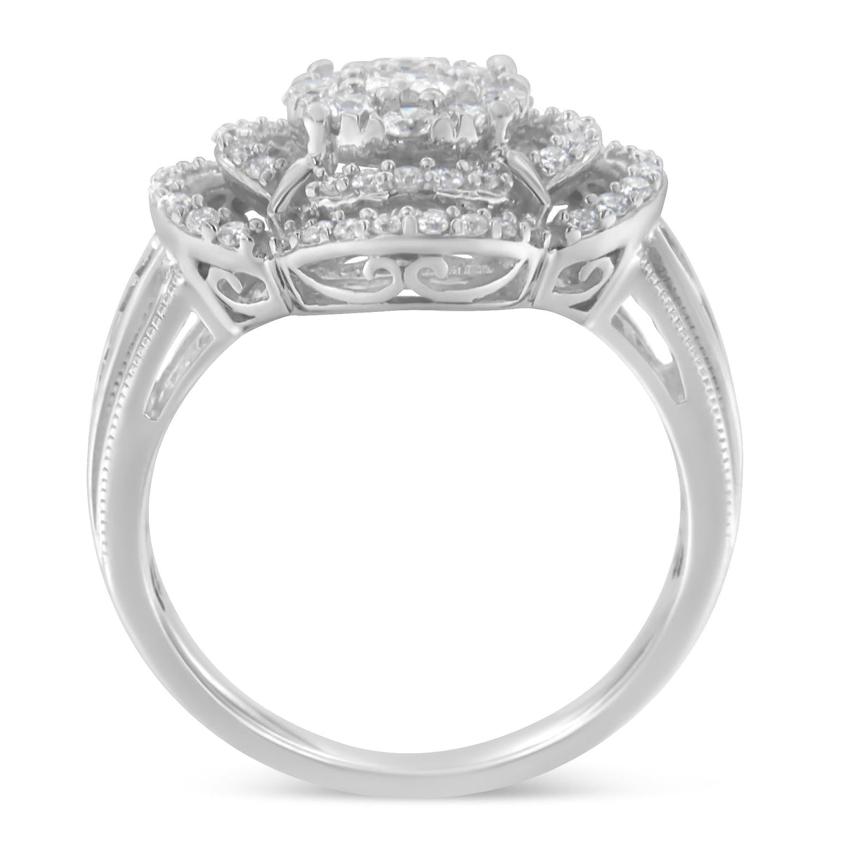 14K White Gold 1.0 Cttw Round & Baguette Cut Diamond Floral Cluster Quatrefoil Channel Set Band Cocktail Statement Ring (H-I Color, SI2-I1 Clarity) - JackiEaslick