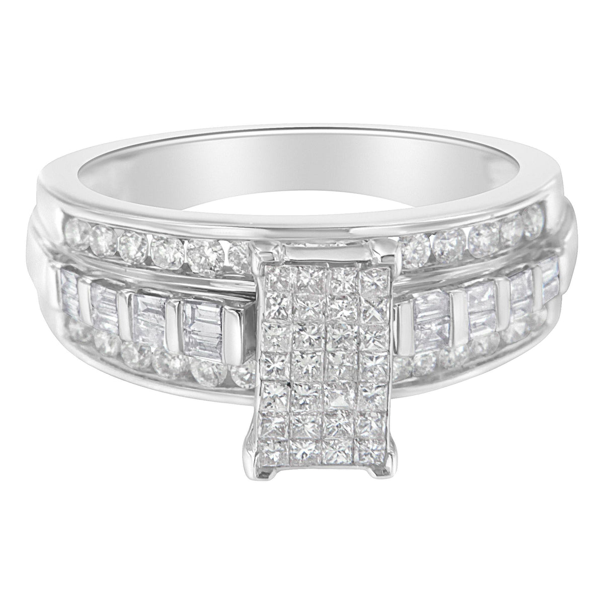 14K White Gold 1.0 Cttw Mixed-Cut Diamond Rectangle Invisible-Set Composite Cluster Ring with Bar- and Channel-Set Band (H-I Color, SI2-I1 Clarity) - JackiEaslick