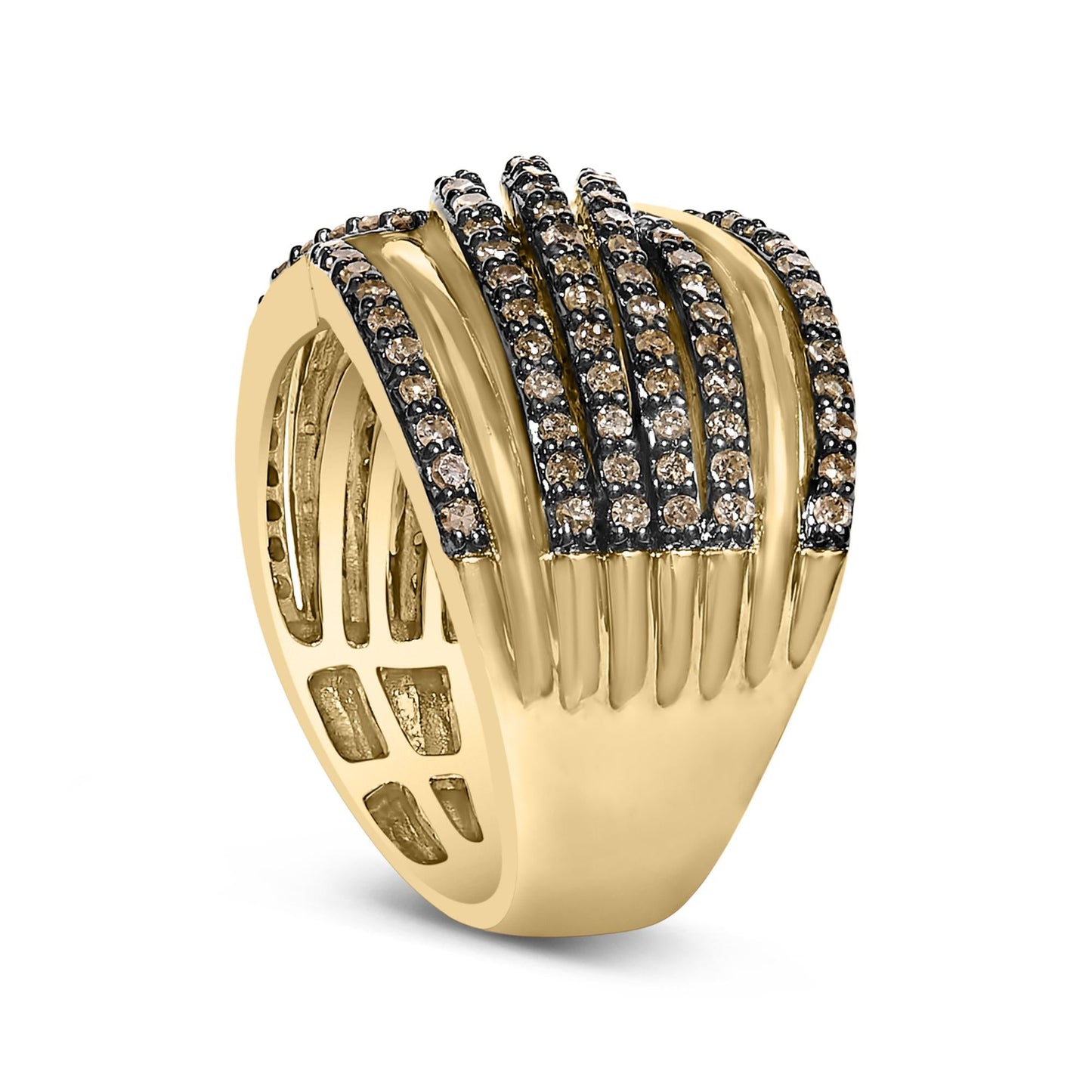 10K Yellow Gold Plated .925 Sterling Silver 1.0 Cttw Champagne Diamond Multi Row Cross Over Band Ring