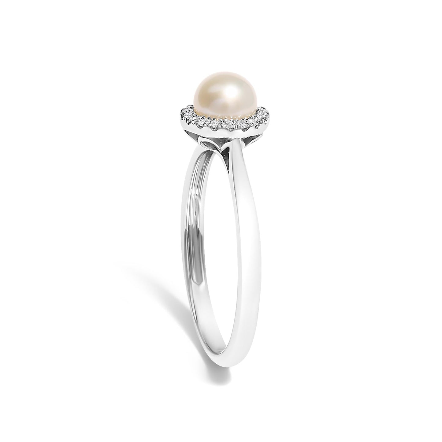 10K White Gold 5MM Cultured Freshwater Pearl  and Diamond Halo Ring (I-J Color, I1-I2 Clarity)