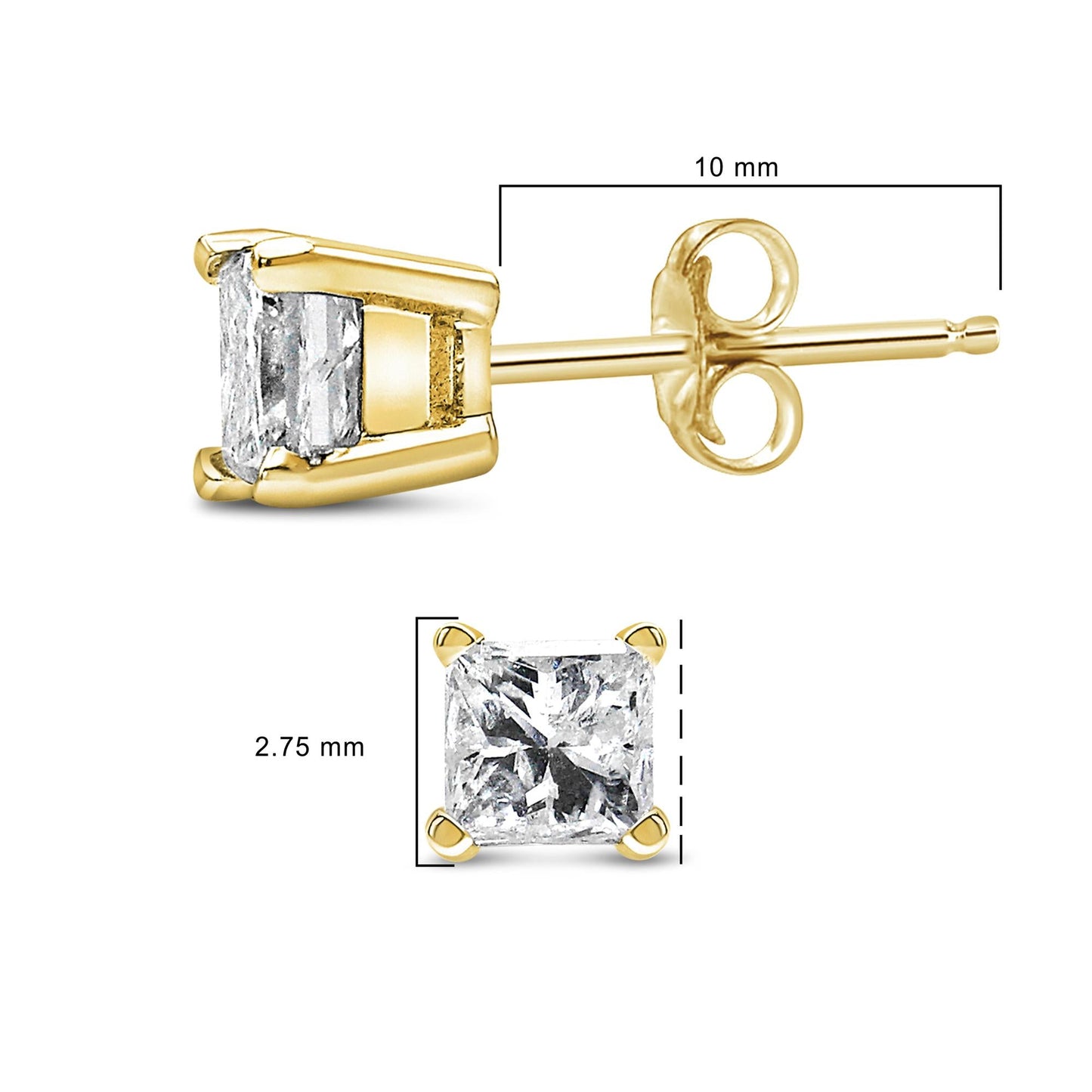 AGS Certified 14k Yellow Gold 1/4 cttw 4-Prong Set Princess-Cut Solitaire Diamond Push Back Stud Earrings (F-G Color, SI2-I1 Clarity)