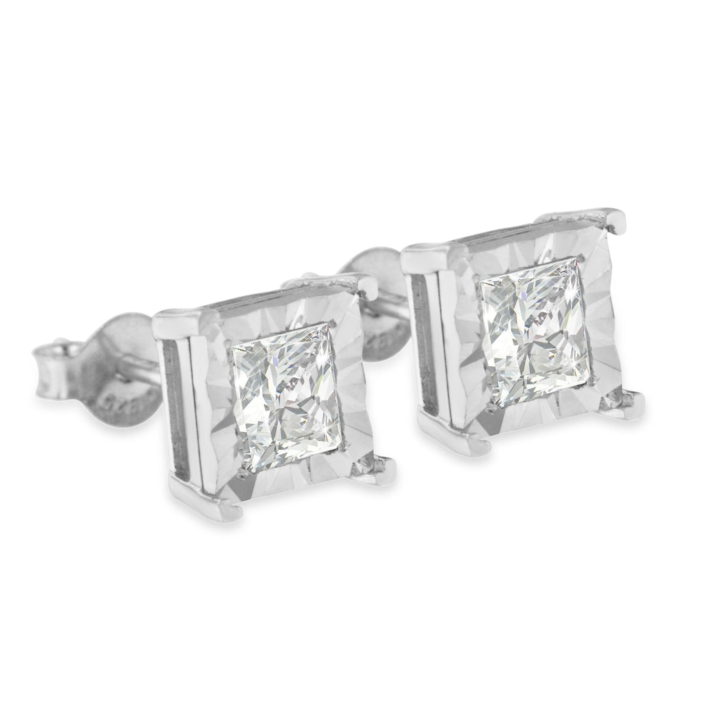 .925 Sterling Silver Miracle Set Princess-cut Diamond Solitaire Stud Earrings (H-I Color, I2-I3 Clarity)