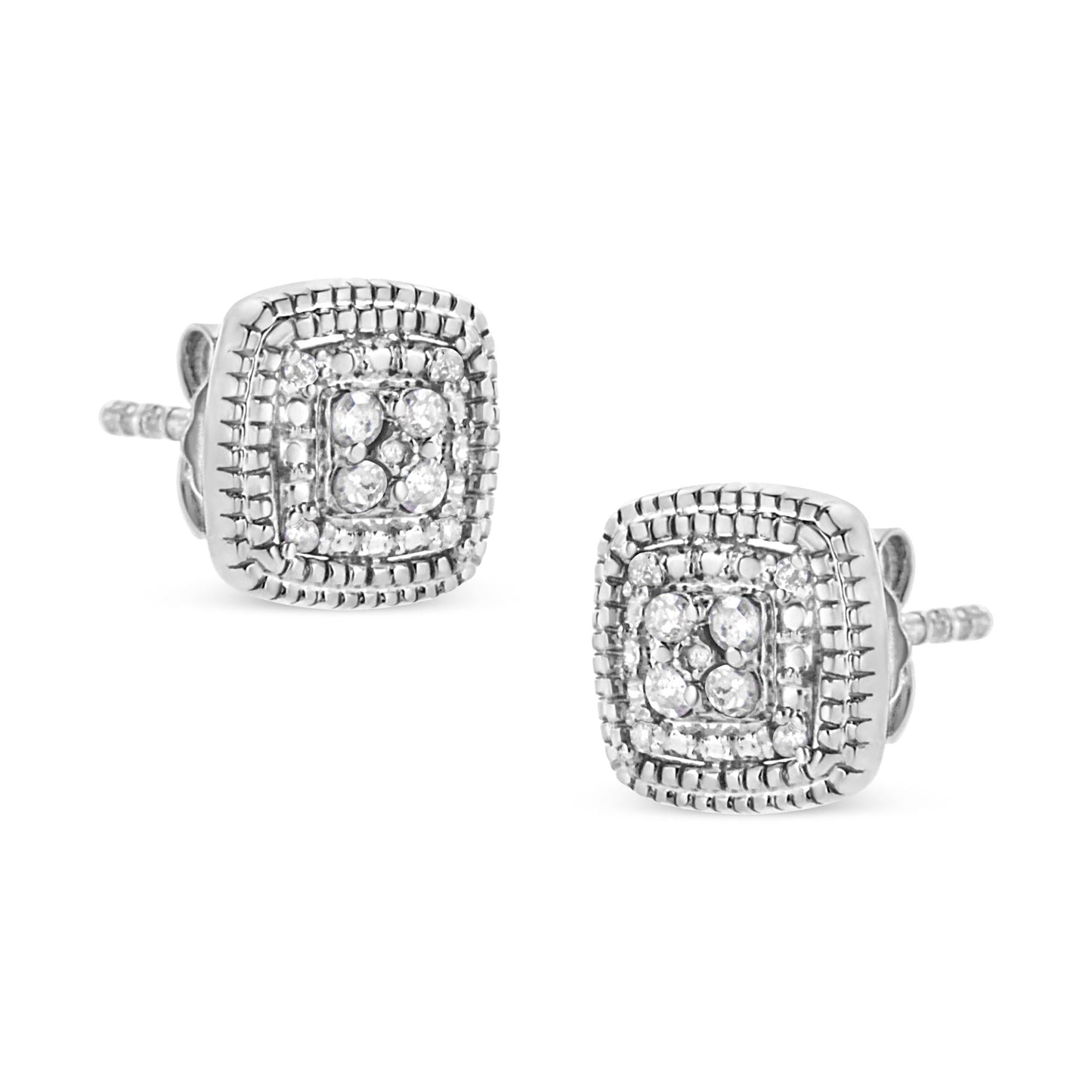 .925 Sterling Silver 1/10 Cttw Prong-Set Round Cut Diamond Square Shape with Milgrain Halo Stud Earrings (I-J Color, I2-I3 Clarity)