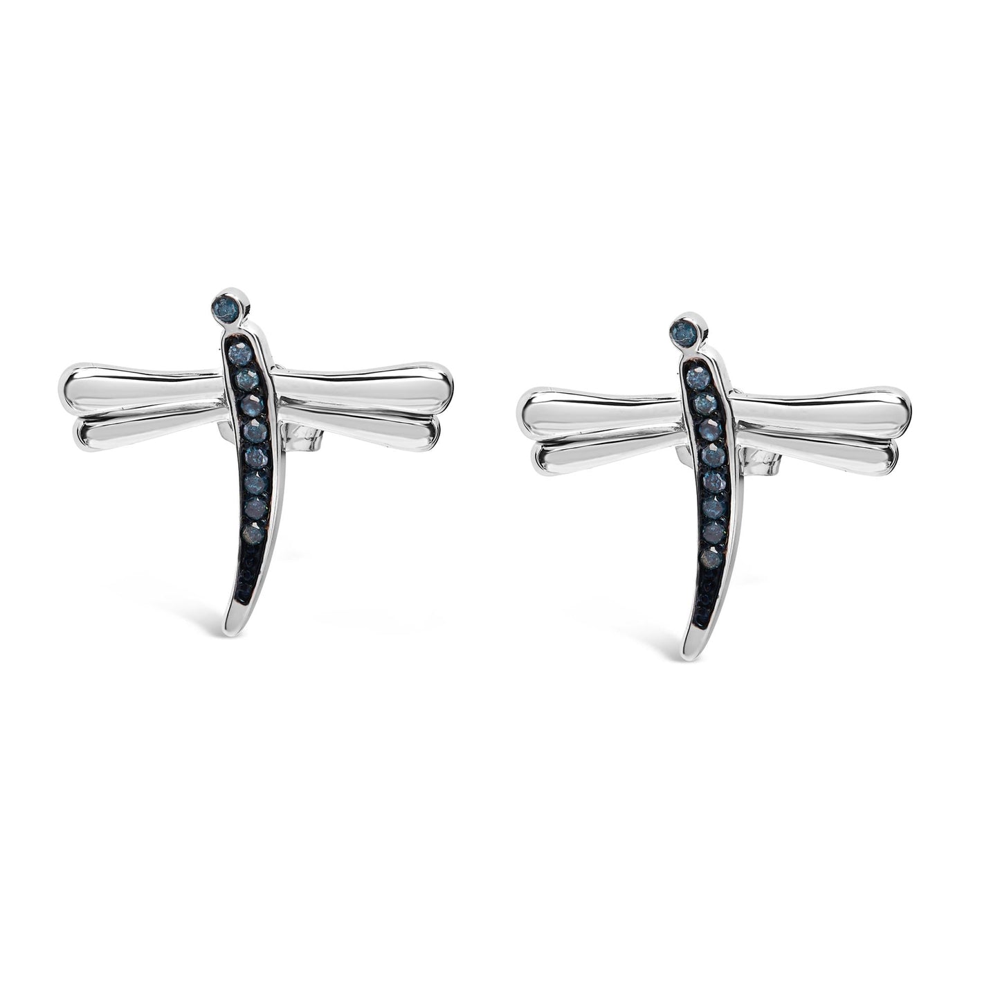 .925 Sterling Silver Blue Diamond Accent Dragonfly Stud Earrings (Blue Color, I2-I3 Clarity)