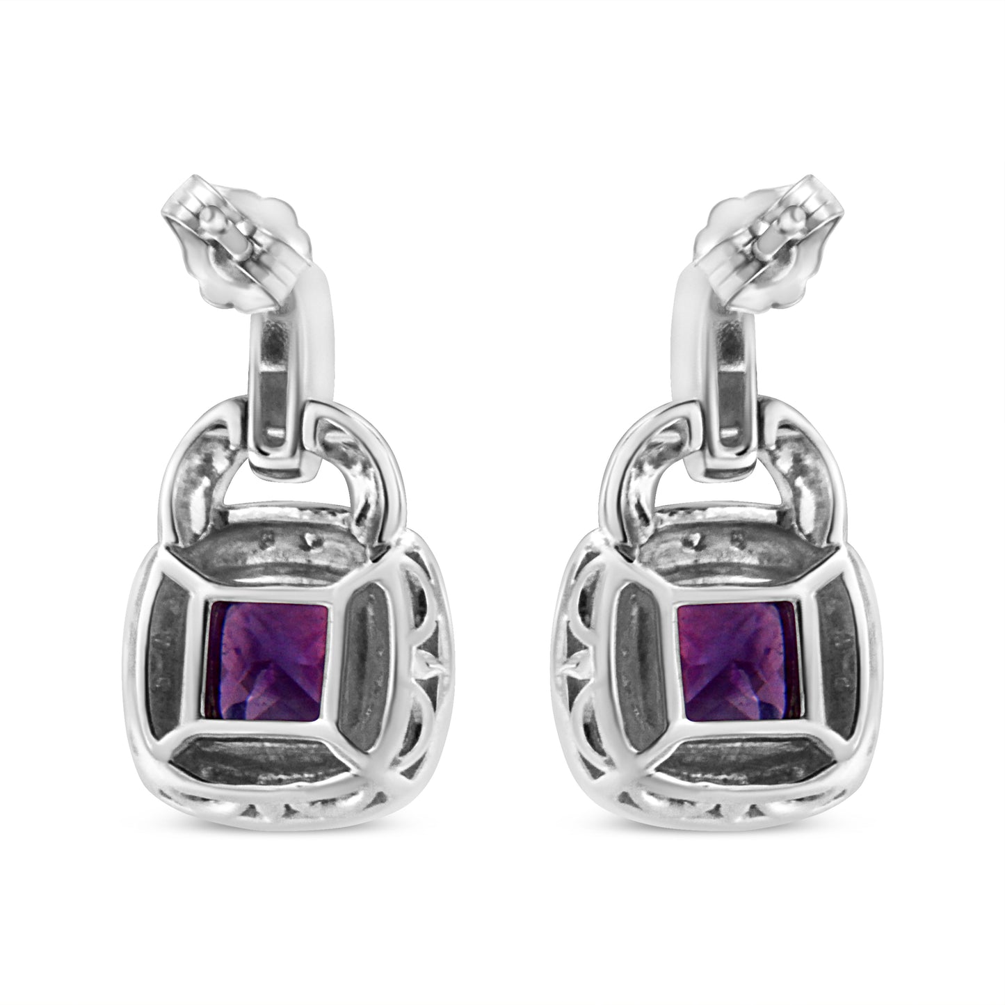 .925 Sterling Silver 8MM Natural Cushion Shaped Amethyst and Diamond Accent Halo with Push Back Dangle Earrings (I-J Color, I2-I3 Clarity)