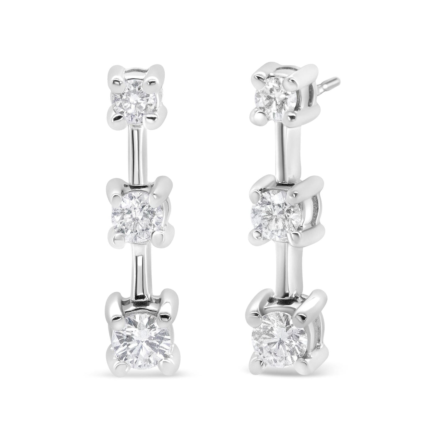 14K Gold Round Diamond 3 Stone Graduated Linear Drop Past, Present and Future Stud Earrings (H-I Color, SI1-SI2 Clarity)