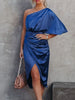 One-Shoulder Satin Wrap Dress with Side Slit