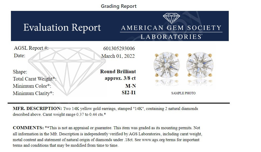 AGS Certified 14k Yellow Gold 3/8 cttw 4-Prong Set Brilliant Round-Cut Solitaire Diamond Push Back Stud Earrings (M-N Color, SI2-I1 Clarity)