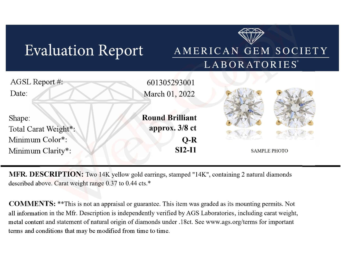 AGS Certified 14k Yellow Gold 3/8 cttw 4-Prong Set Brilliant Round-Cut Solitaire Diamond Push Back Stud Earrings (Q-R Color, SI2-I1 Clarity)