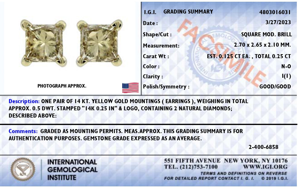 IGI Certified 14k Yellow Gold 1/2 cttw 4-Prong Set Princess-Cut Solitaire Diamond Push Back Stud Earrings (N-O Color, I1-I2 Clarity)