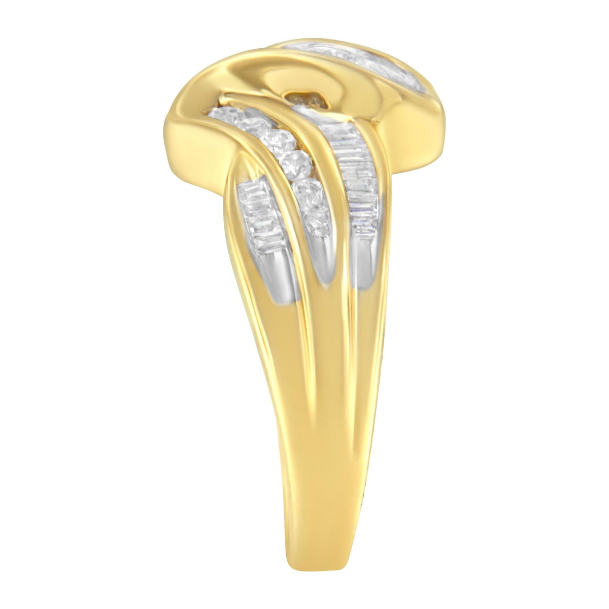 10K Yellow Gold 3/4 Cttw Channel Set Round and Baguette-cut Diamond Double Shank Bypass Ring (J-K Color, I1-I2 Clarity) - JackiEaslick