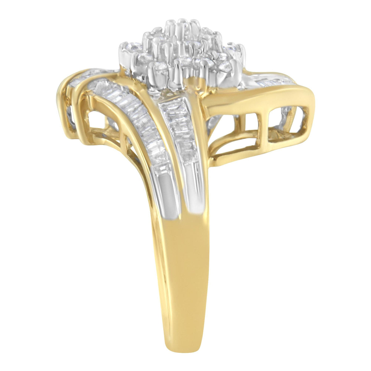 10K Yellow Gold Round and Baguette-Cut Diamond Bypass Cluster Ring (1.0 Cttw, I-J Color, I1-I2 Clarity) - JackiEaslick