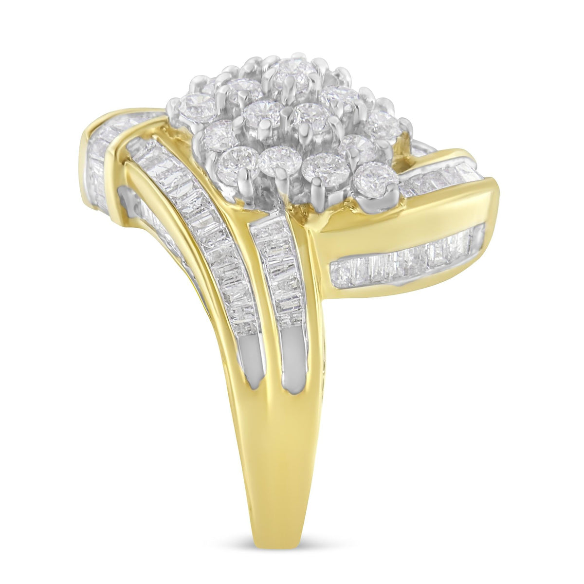10K Yellow Gold Round and Baguette Diamond Crossover Cluster Ring (3 Cttw, I-J Color, I1-I2 Clarity) - JackiEaslick