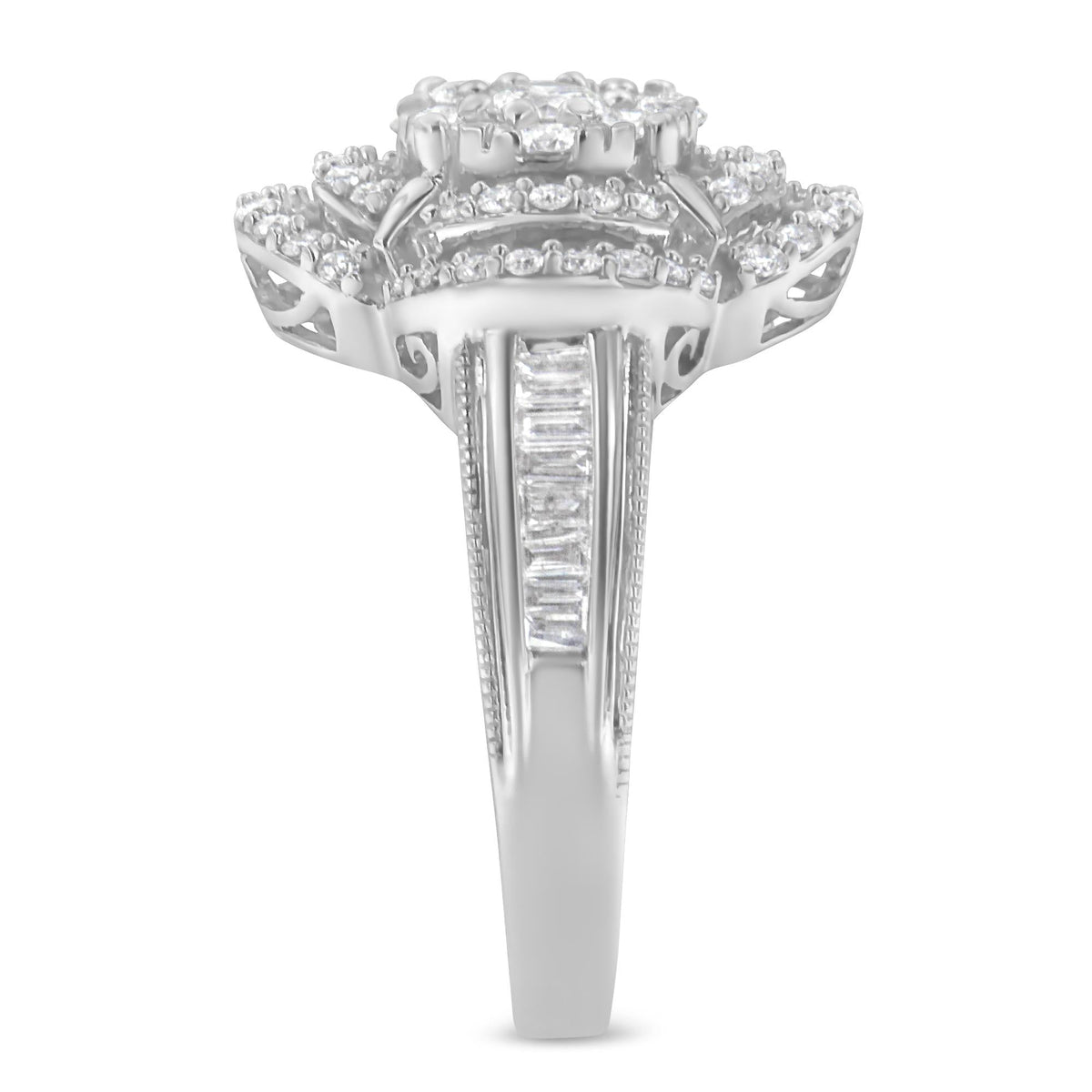 14K White Gold 1.0 Cttw Round & Baguette Cut Diamond Floral Cluster Quatrefoil Channel Set Band Cocktail Statement Ring (H-I Color, SI2-I1 Clarity) - JackiEaslick