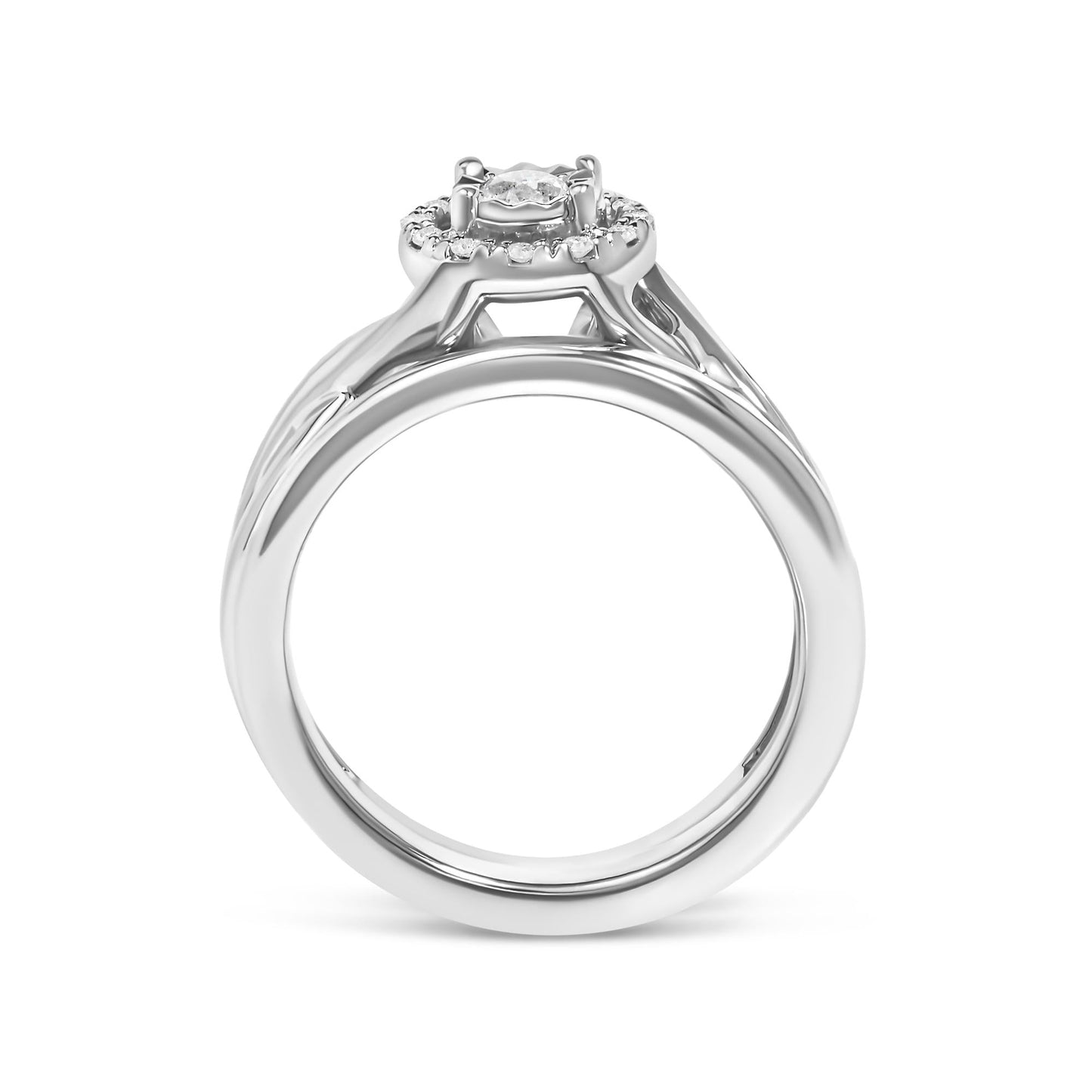 .925 Sterling Silver 1/7 Cttw Diamond Halo Bypass Engagement Ring and Wedding Band Set (I-J Color, I3 Clarity)