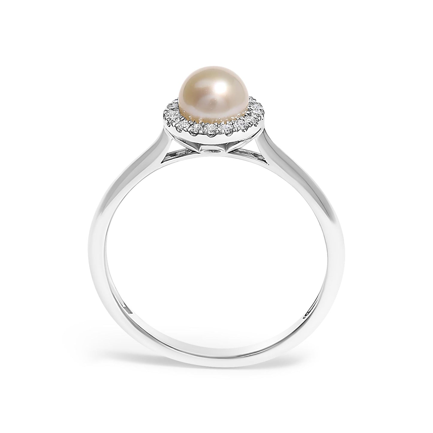 10K White Gold 5MM Cultured Freshwater Pearl  and Diamond Halo Ring (I-J Color, I1-I2 Clarity)
