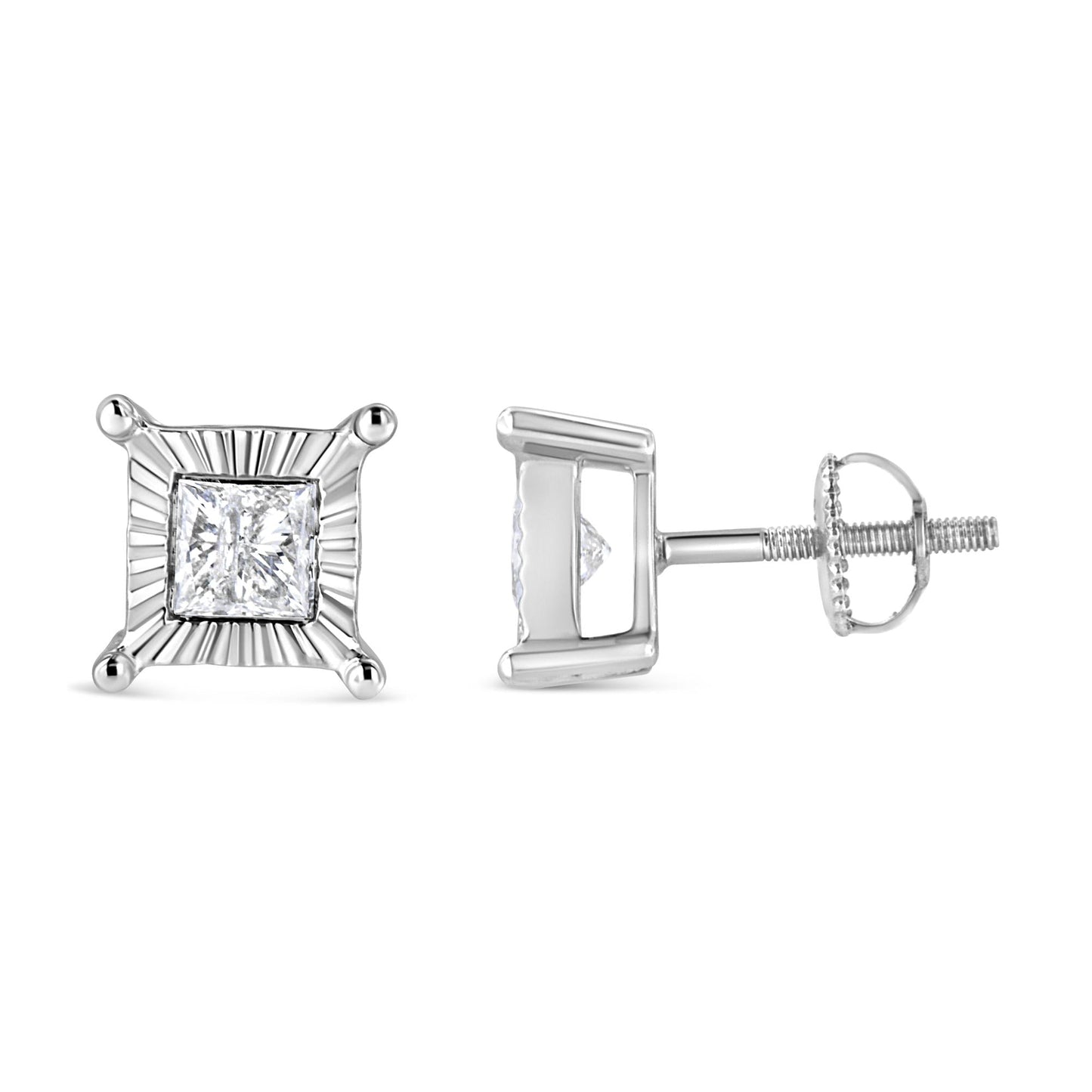 .925 Sterling Silver Miracle Set Princess-cut Diamond Solitaire Stud Earrings (H-I Color, I2-I3 Clarity)