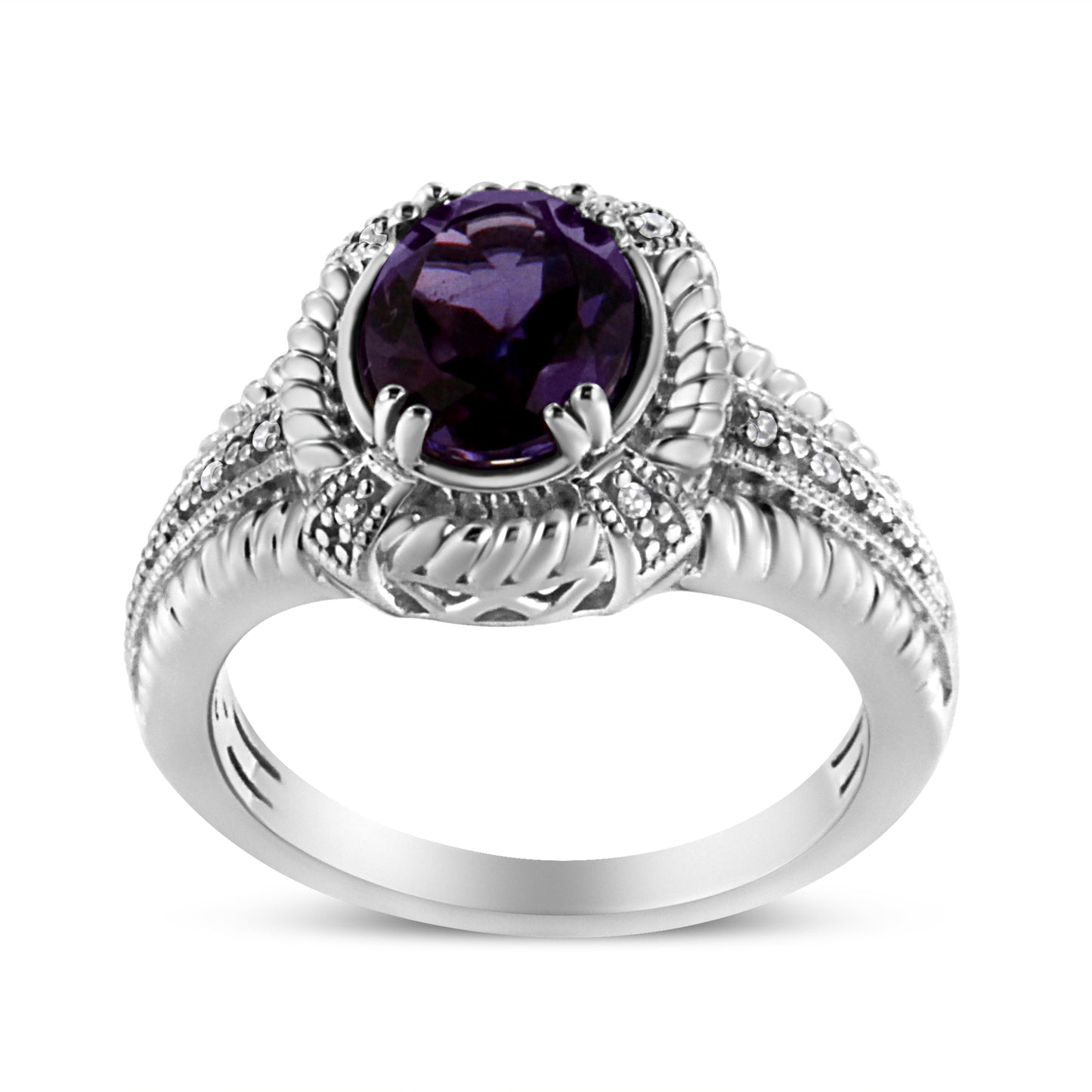 .925 Sterling Silver 9X7 Oval MM Purple Amethyst Solitaire and Diamond Accent Ring