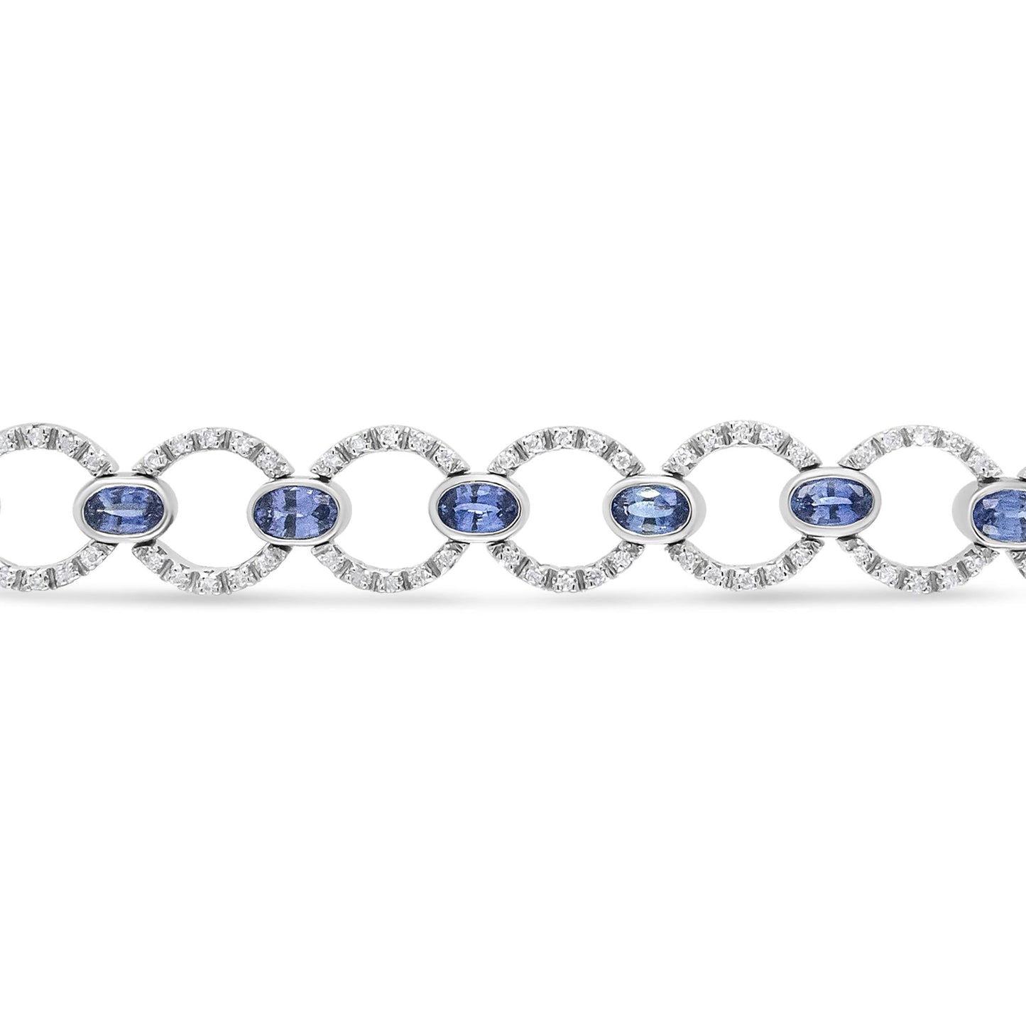 18K White Gold 6 Cttw Diamond and 5x3mm Oval Blue Sapphire Openwork Circle Link Bracelet (F-G Color, SI1-SI2 Clarity) - Size 7"