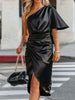 One-Shoulder Satin Wrap Dress with Side Slit