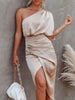 One-Shoulder Satin Wrap Dress with Side Slit