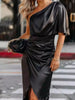 One-Shoulder Satin Wrap Dress with Side Slit