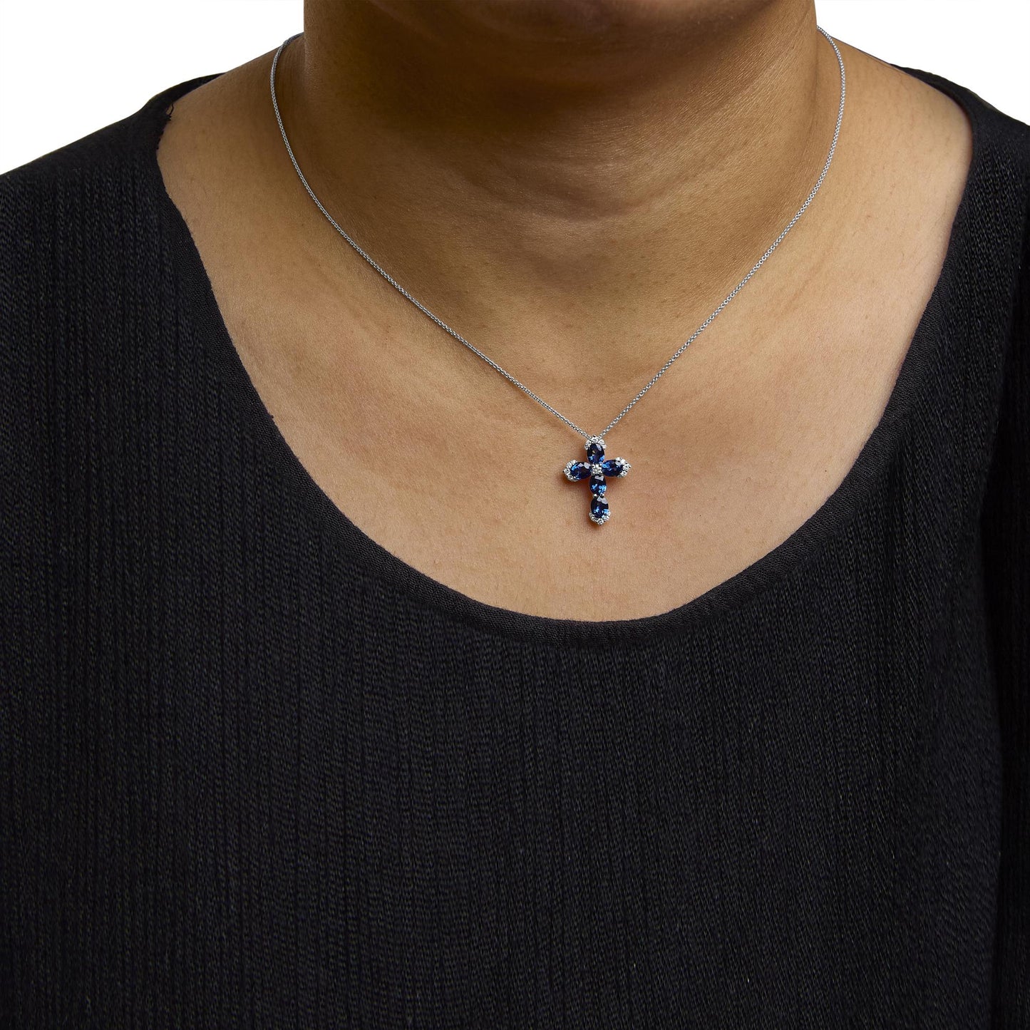 18K White Gold 3x4 MM Oval Blue Sapphire and Diamond Cross Pendant Necklace - 18" Inches