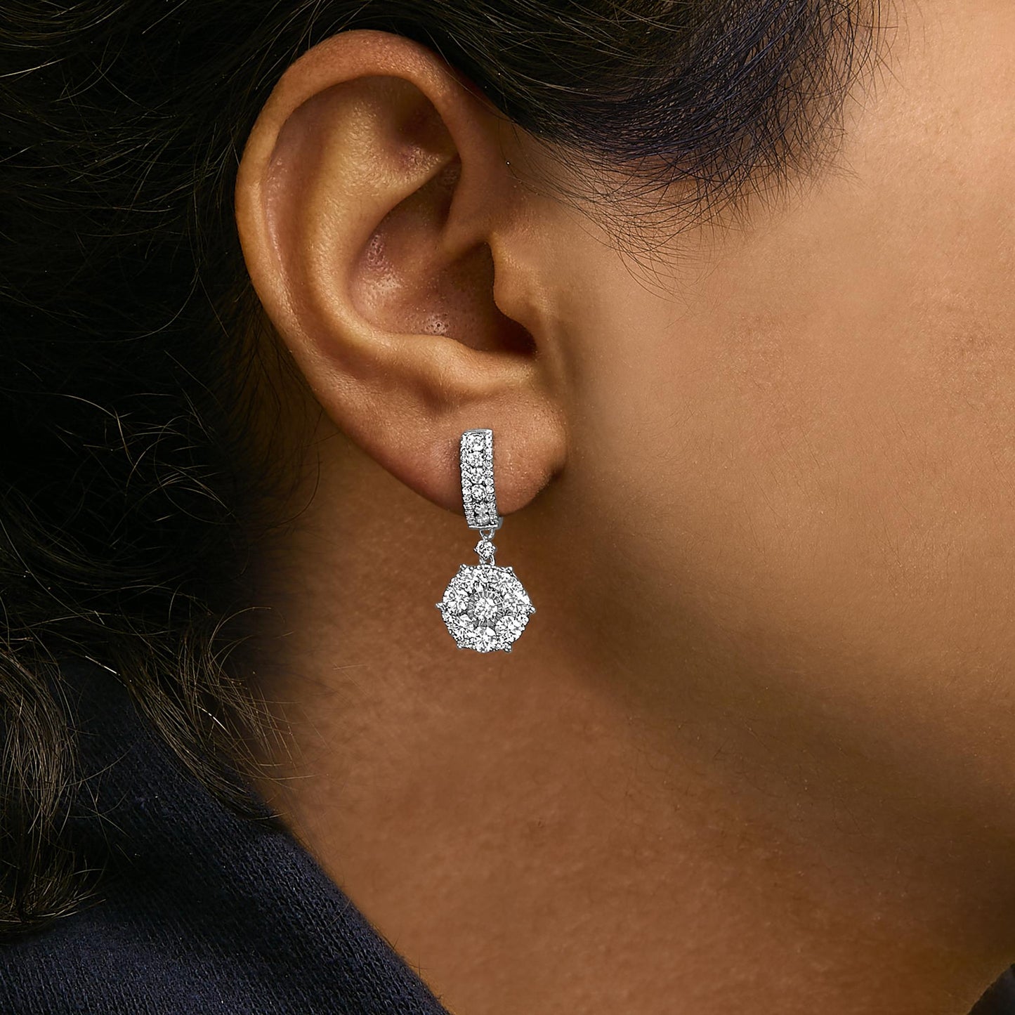 14K White Gold 2 1/3 Cttw Diamond Cluster Drop and Dangle Earrings (F-G Color, VS2-SI1 Clarity)