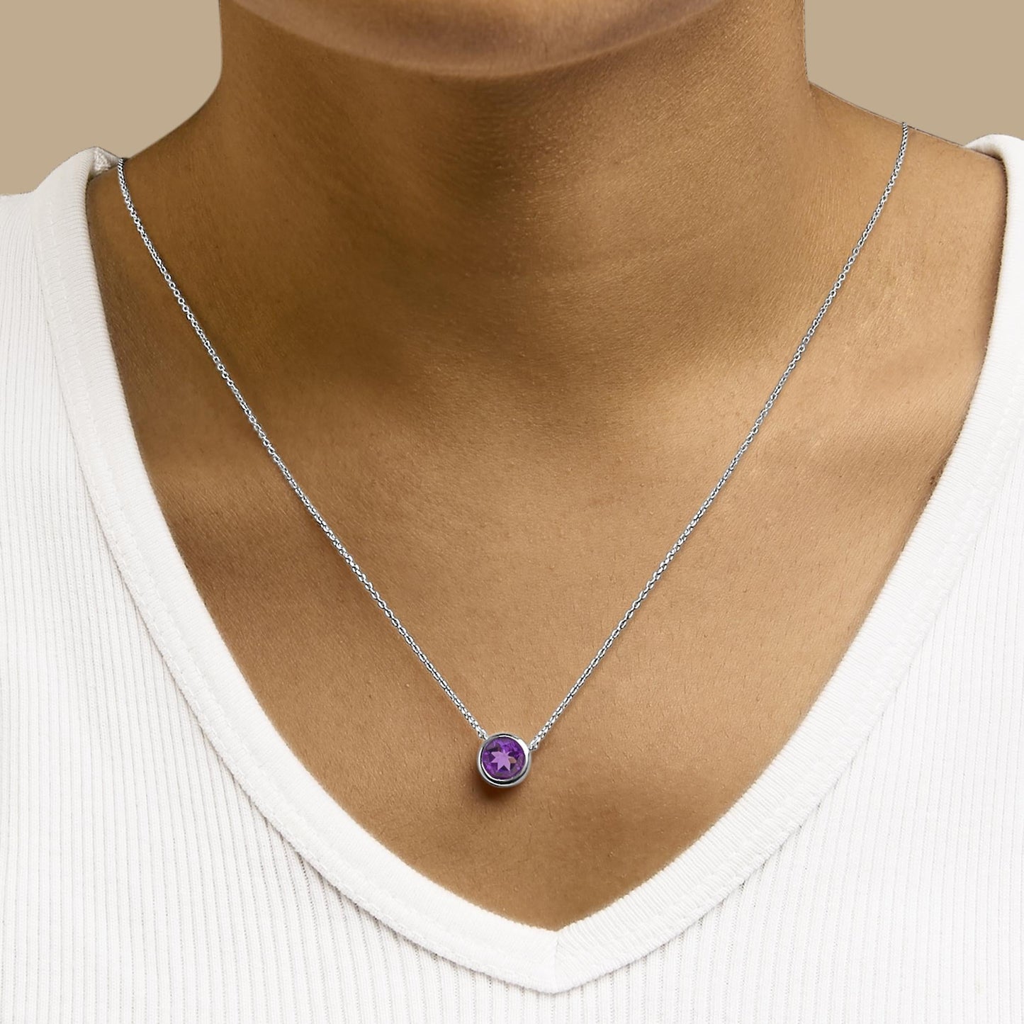.925 Sterling Silver 7MM Bezel Set Created Gemstone Pendant Necklace - 18" Inches
