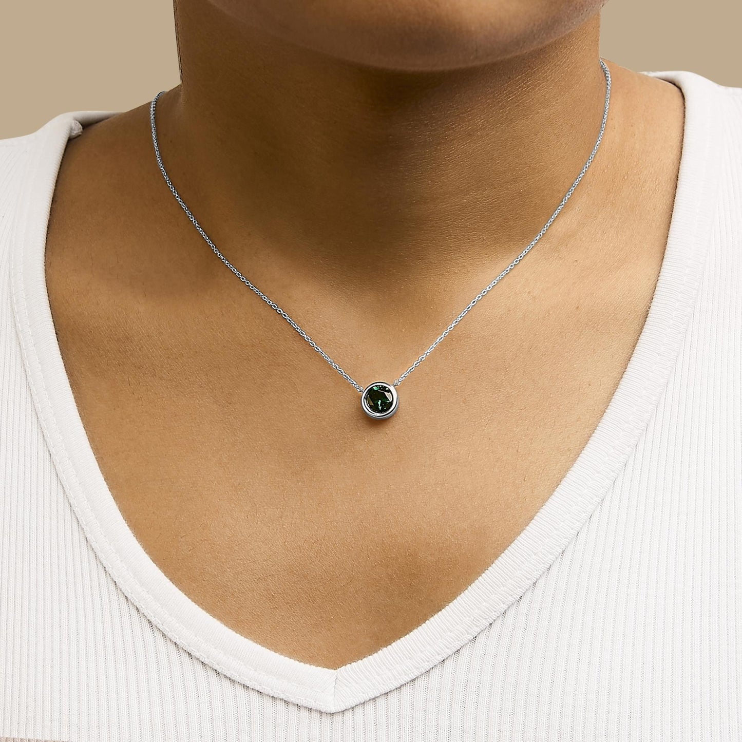 .925 Sterling Silver 7MM Bezel Set Created Gemstone Pendant Necklace - 18" Inches