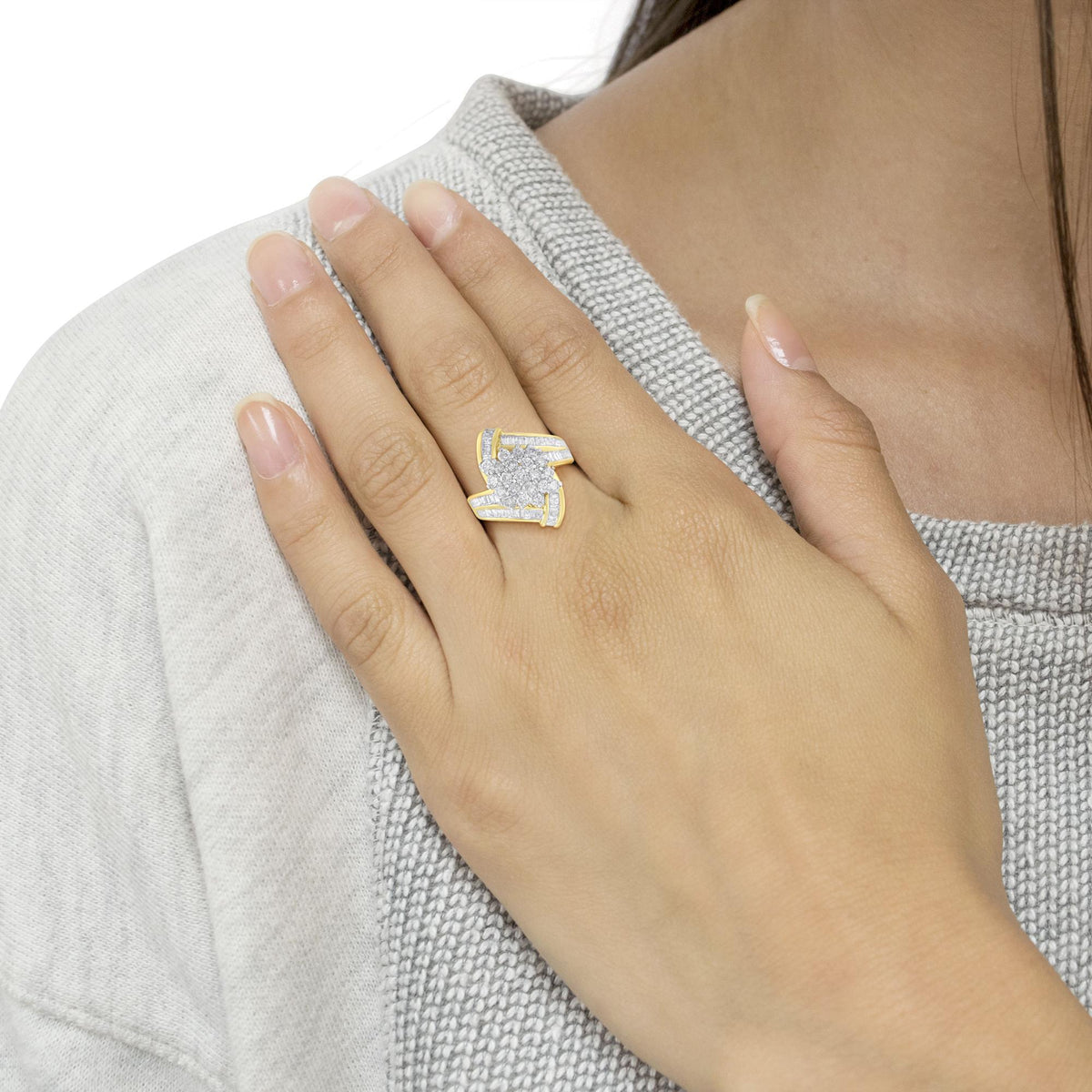 10K Yellow Gold Round and Baguette Diamond Crossover Cluster Ring (3 Cttw, I-J Color, I1-I2 Clarity) - JackiEaslick
