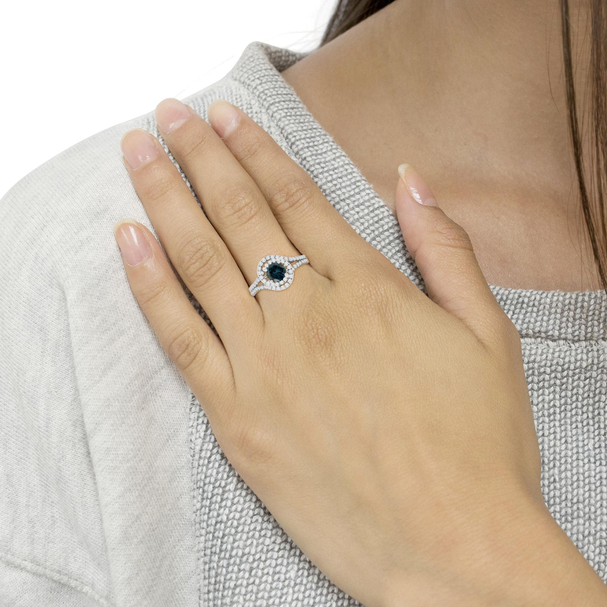 14K White Gold 1-1/3 Cttw White & Blue Diamond Interweaving Double Halo Cocktail Statement Ring (G-H and Fancy Blue Color, SI2-I1 Clarity) - JackiEaslick