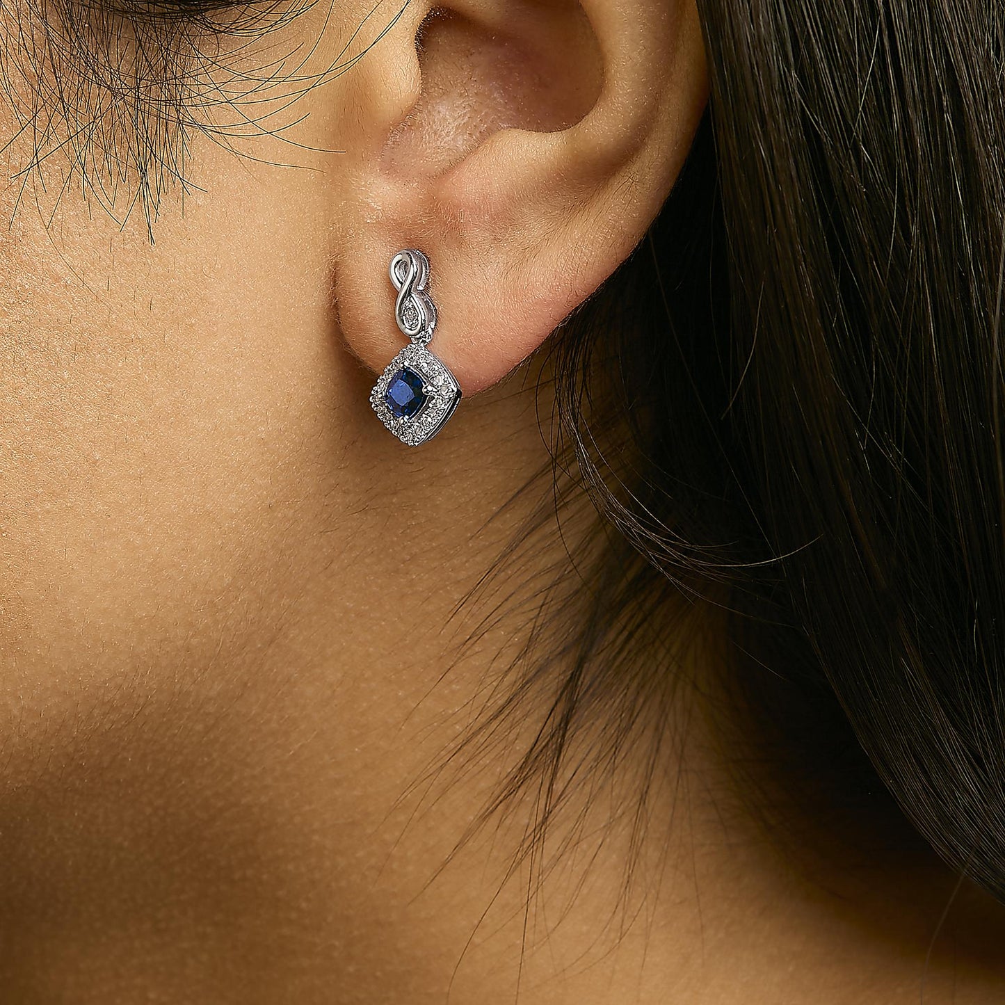 10K White Gold Blue  Sapphire and Diamond Halo Cushion Shaped Drop Earrings (I-J Color, I1-I2 Clarity)