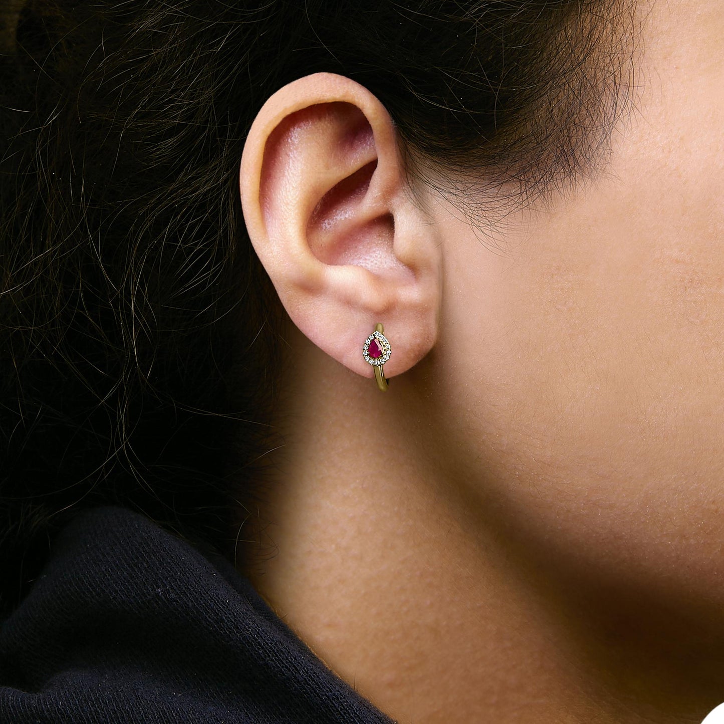 10K Yellow Gold Pear Cut Red Ruby 4x3 mm and 1/10 Cttw Round Diamond Huggy Earrings (I-J Color, I1-I2 Clarity)