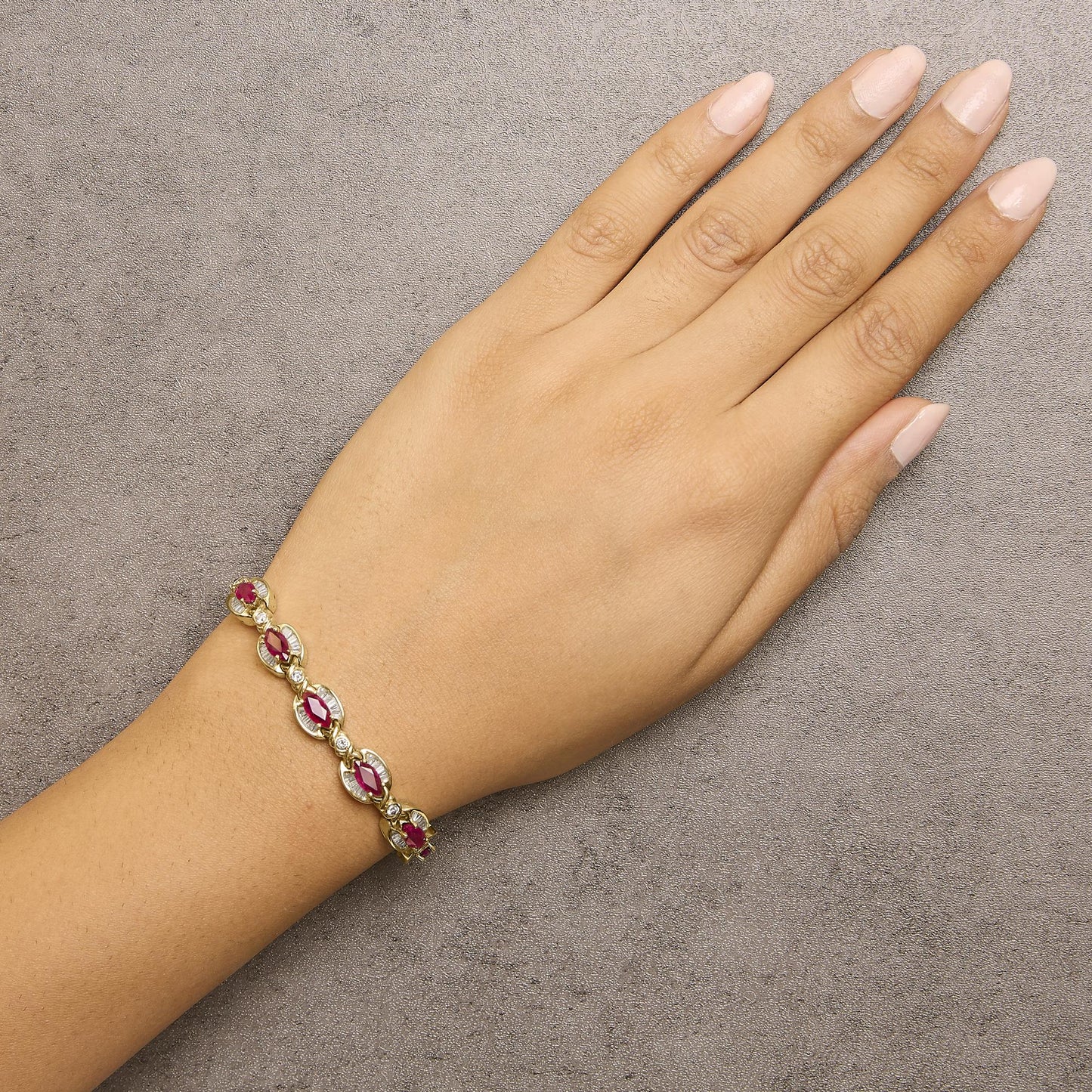 14K Yellow Gold 8x4 MM Marquise Red Ruby and 2.0 Cttw Diamond Vintage Style Oval Link Bracelet - 7.25"