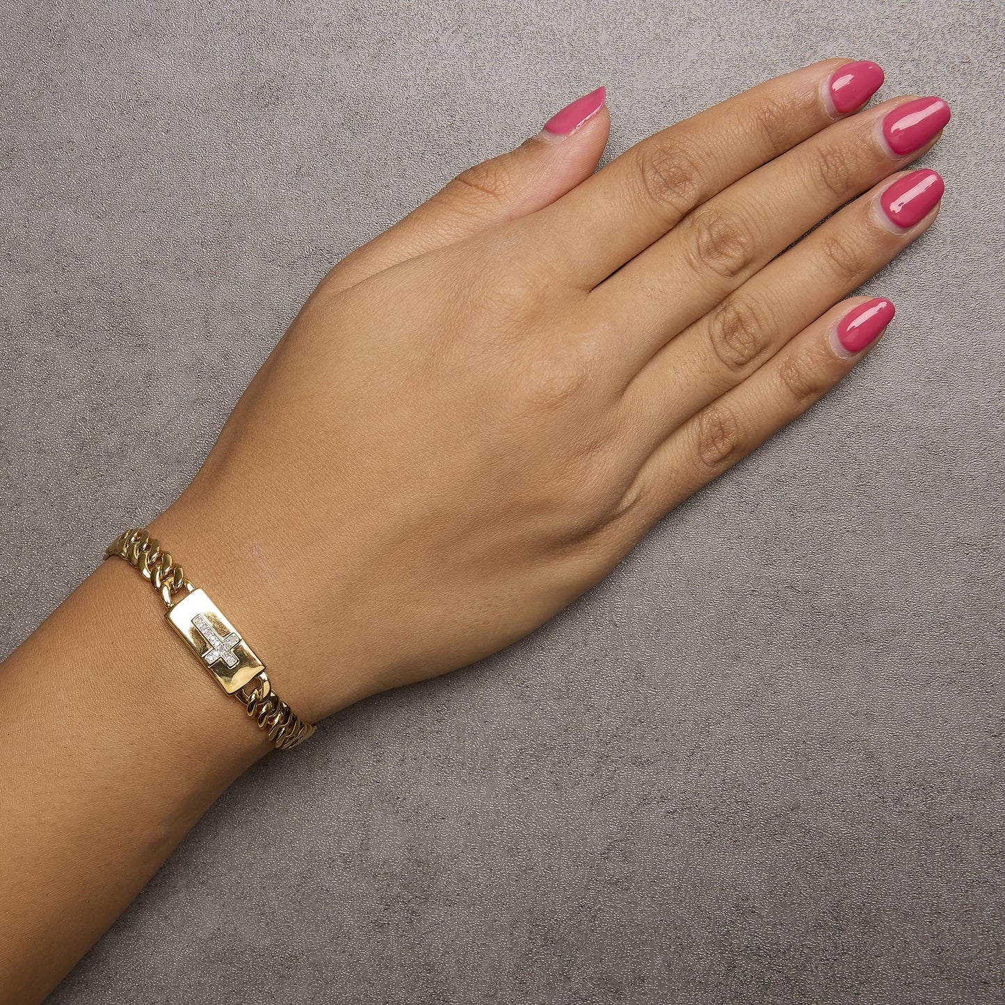 14K Yellow Gold Plated .925 Sterling Silver Diamond Accent Inlaid Cross Cuban Link Bracelet (I-J Color, I3 Clarity)-  7.25"