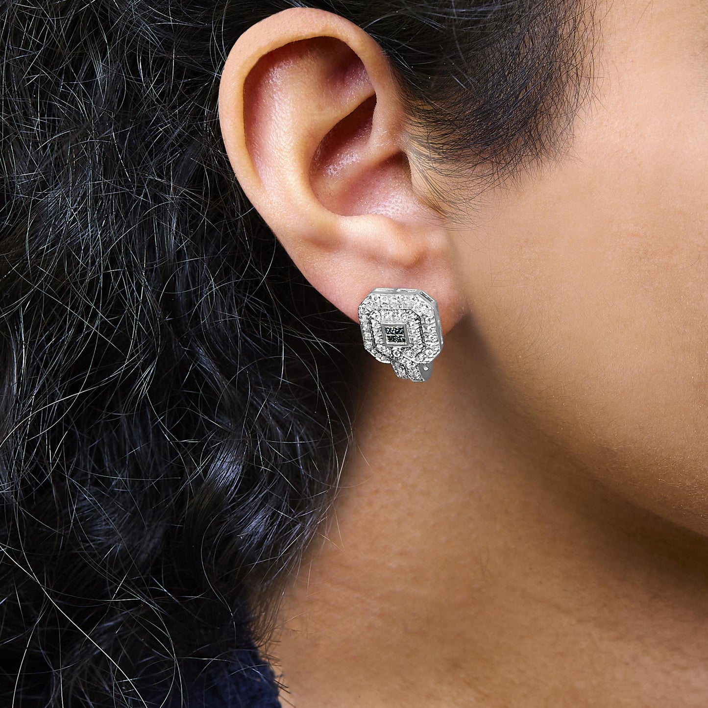 14K White Gold 1ct. TDW Round and Princess-cut Treated Blue Diamond Earrings (H-I,SI1-SI2)