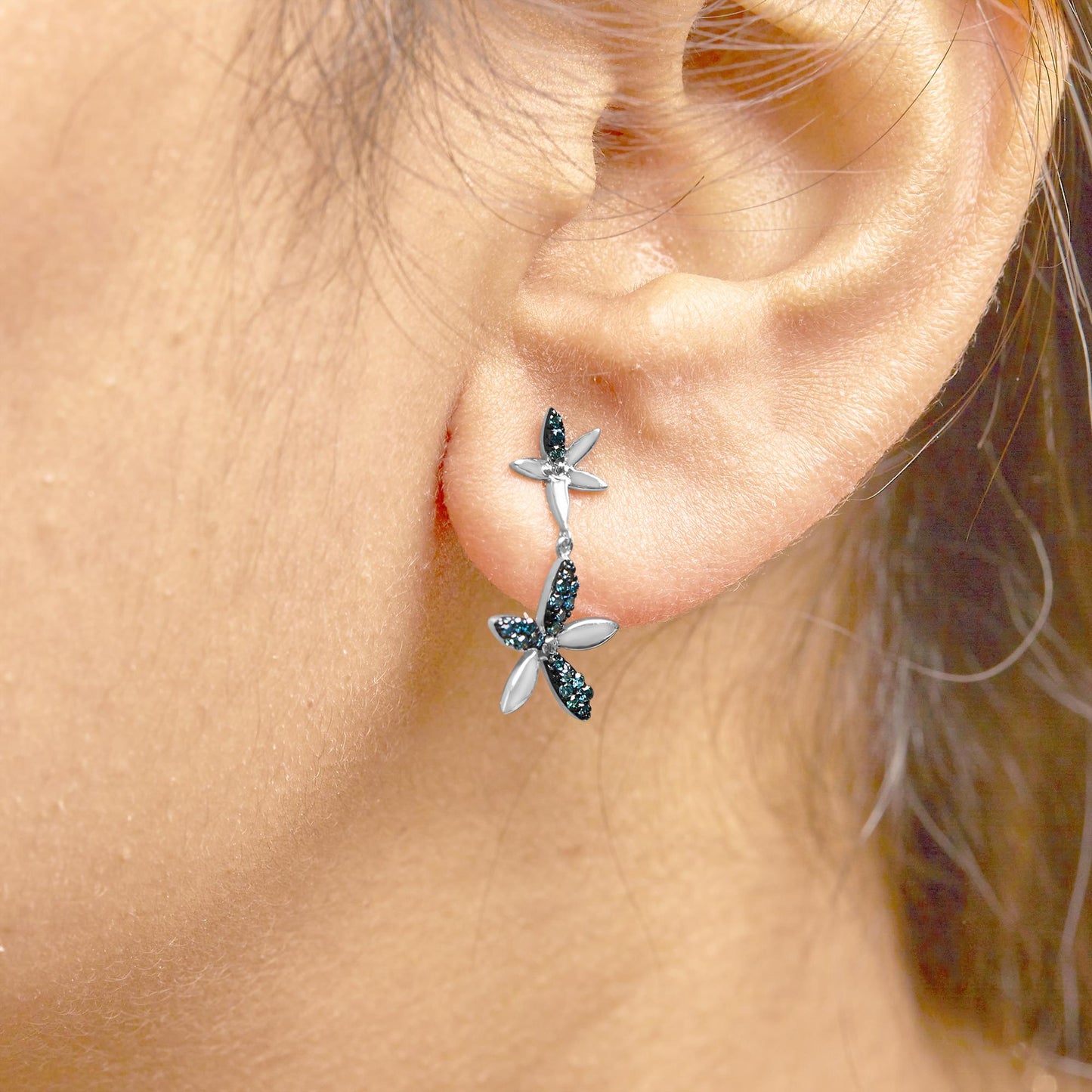 .925 Sterling Silver 1/5ct Cttw Blue Diamond Double Star Drop and Dangle Earrings (Blue Color, SI1-SI2 Clarity)