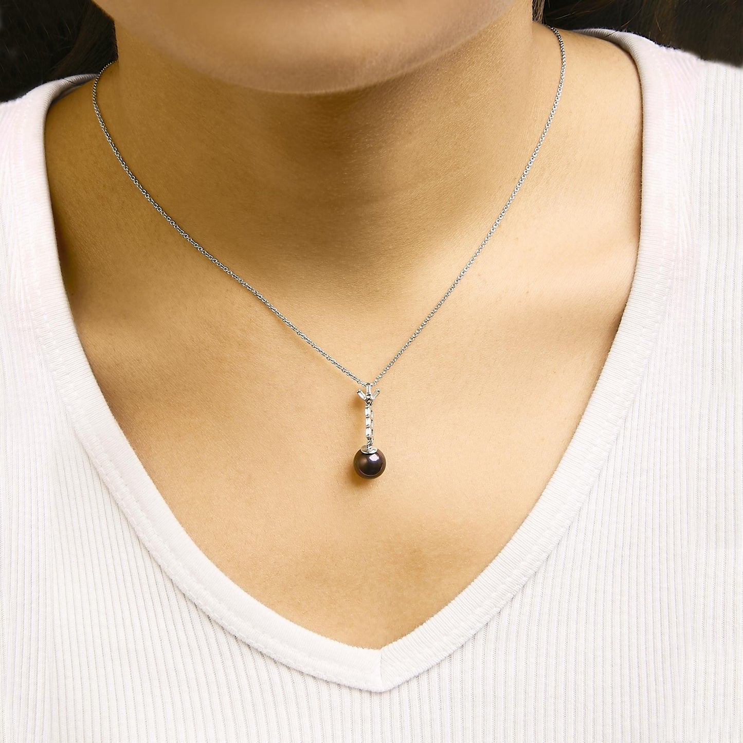 .925 Sterling Silver 8mm Black Pearl and Created White Sapphire Pendant Pendant Necklace