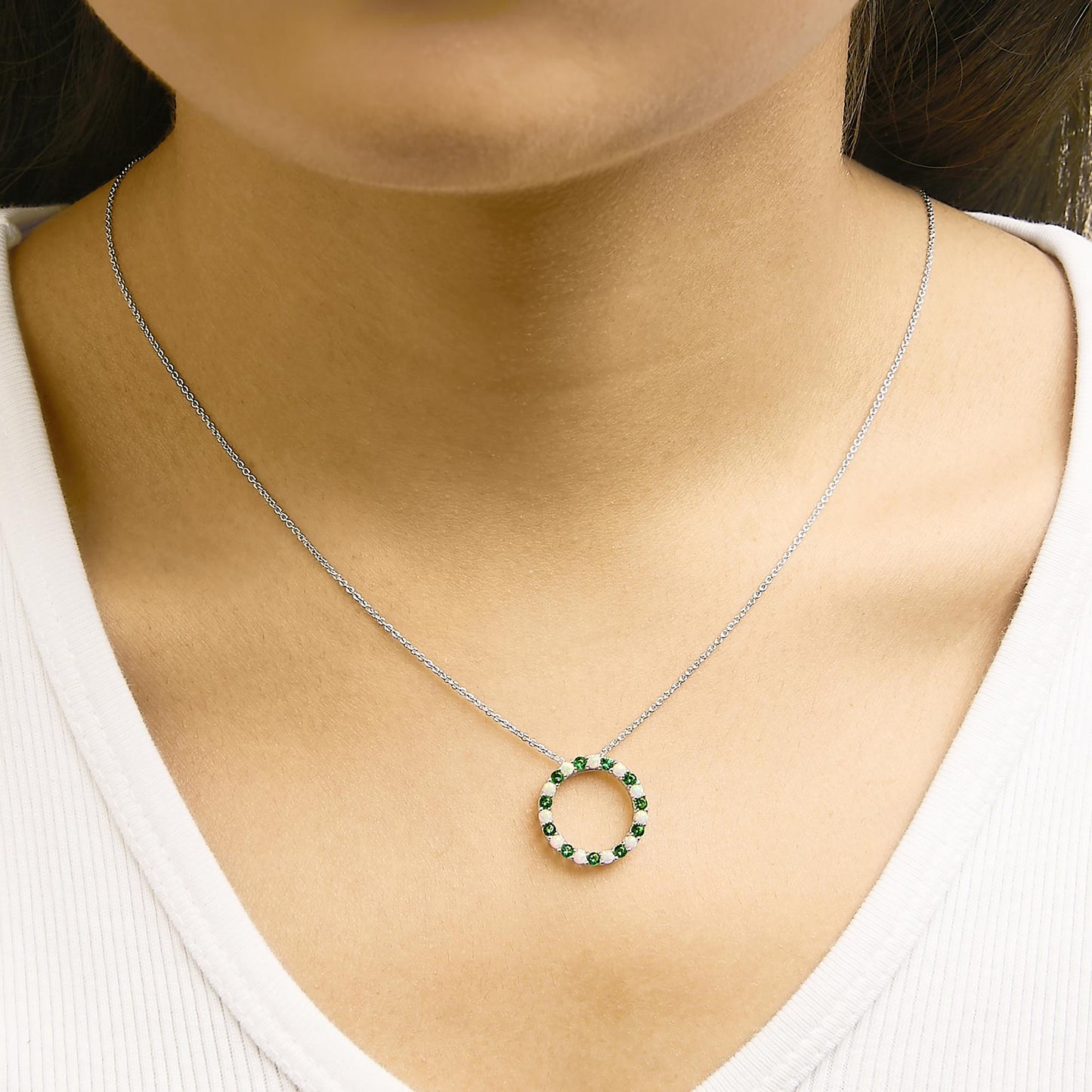 .925 Sterling Silver Alternating Created Green Emerald and Opal Circle Pendant Necklace