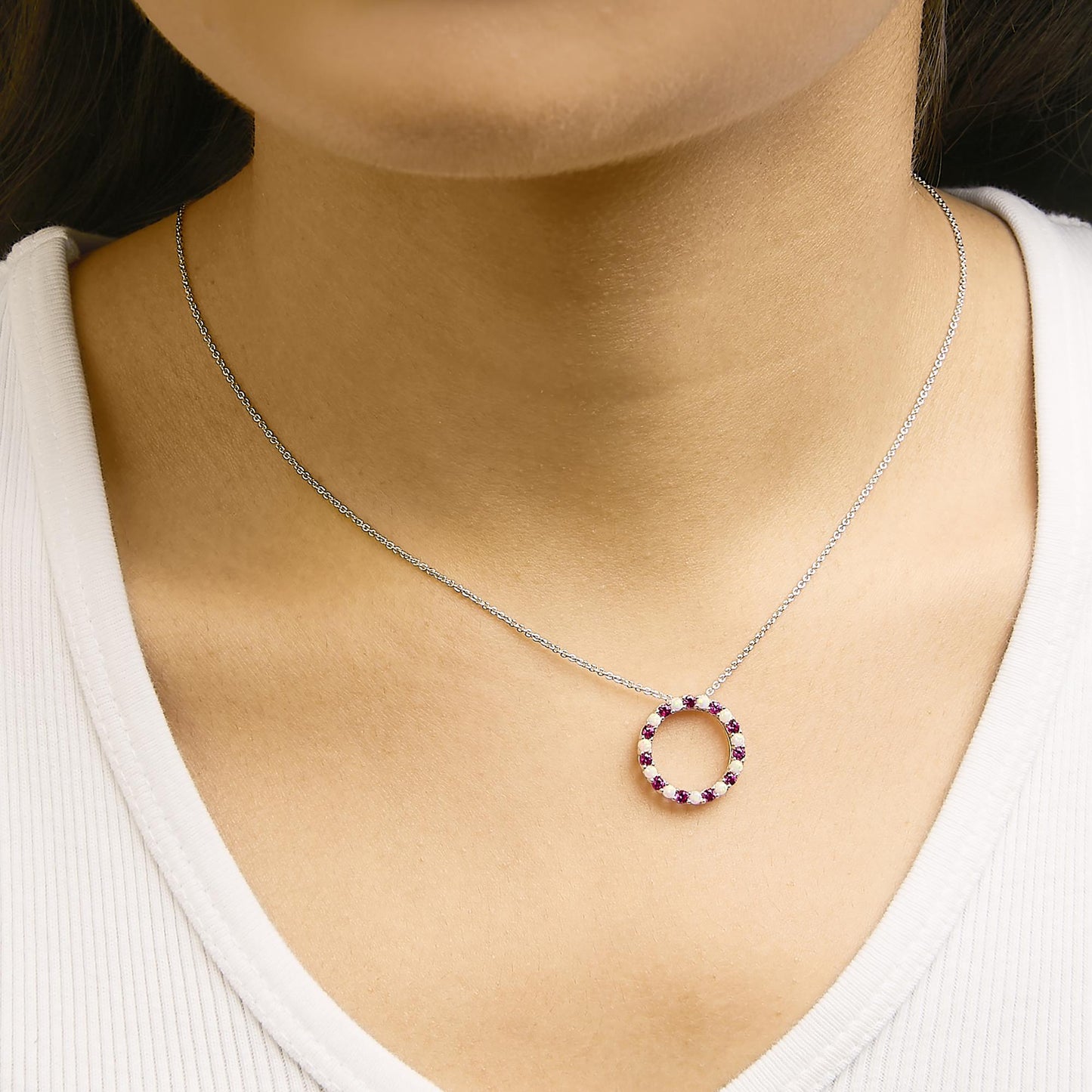 .925 Sterling Silver Alternating Created Red Ruby and Opal Circle Pendant Necklace