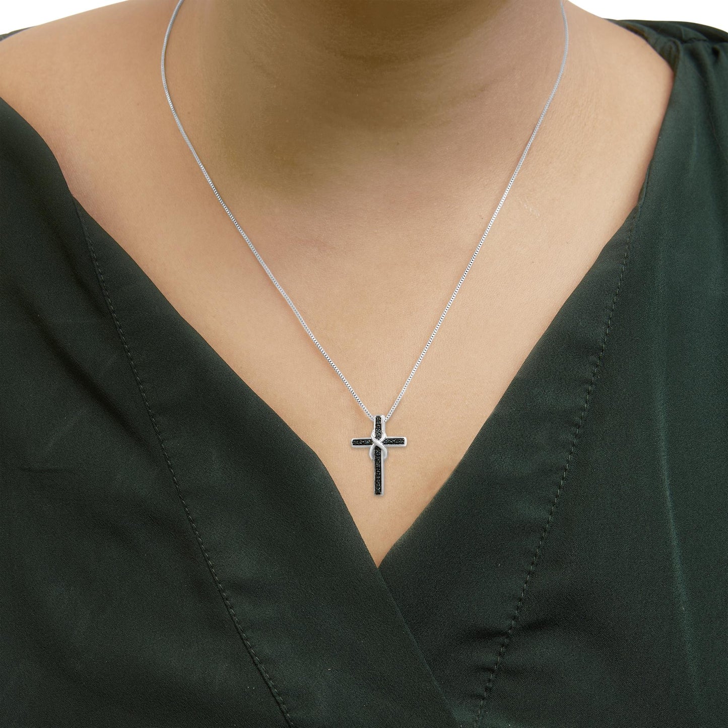 .925 Sterling Silver 1/10 Cttw Blue Diamond Inlaid Cross with Ribbon Pendant Necklace (Blue Color, I2-I3 Clarity) - 18"