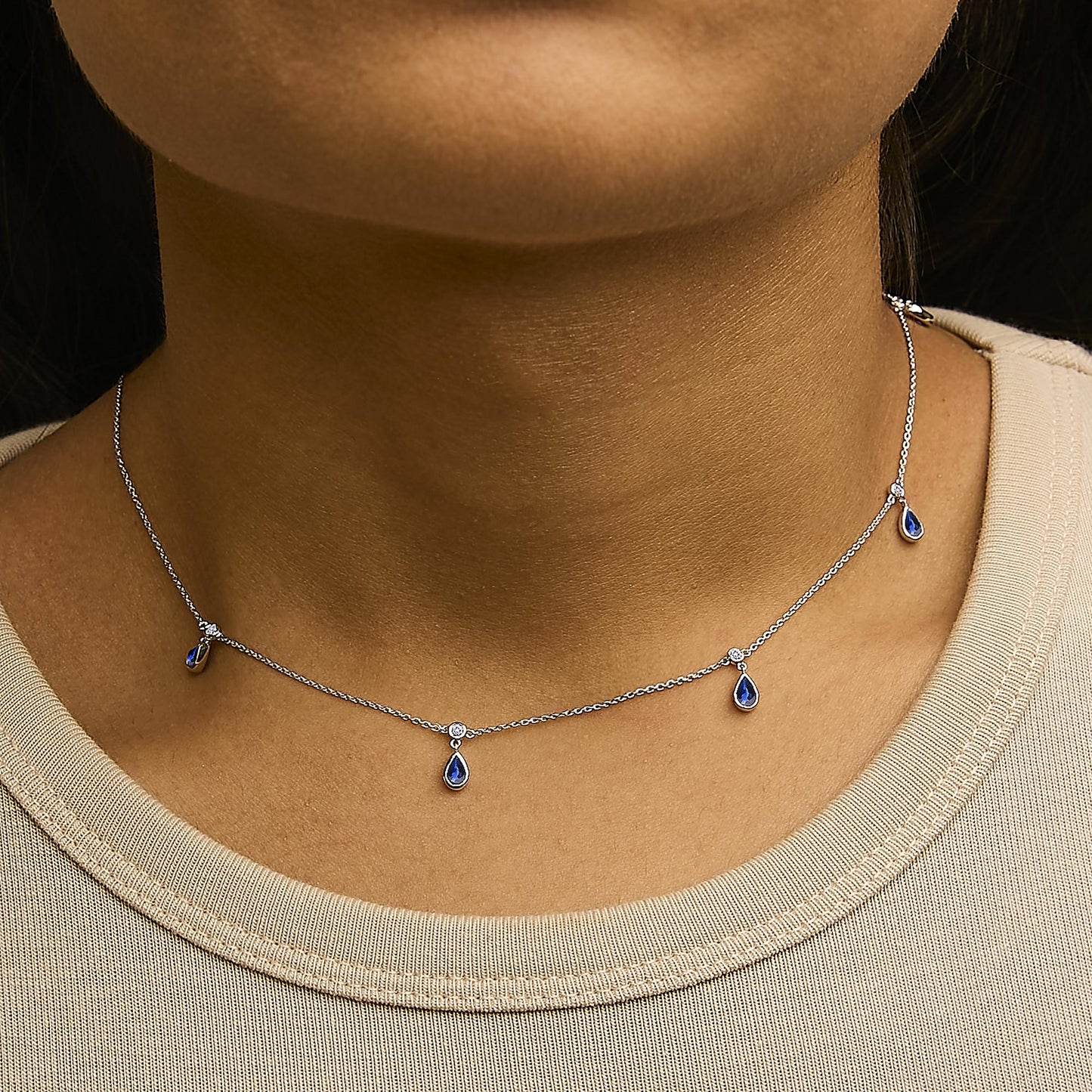 10K White Gold Dangling 5x3 mm Pear Blue Sapphire and Diamond Station Necklace - 18" Inches