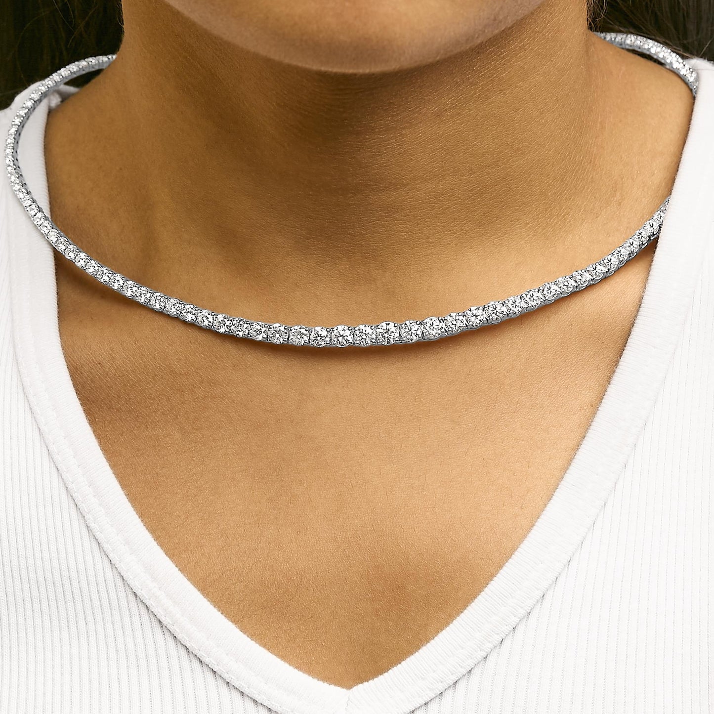 14K White Gold 16.00 Cttw Lab Grown Diamond Graduated Riviera Tennis Necklace  - 17 inch