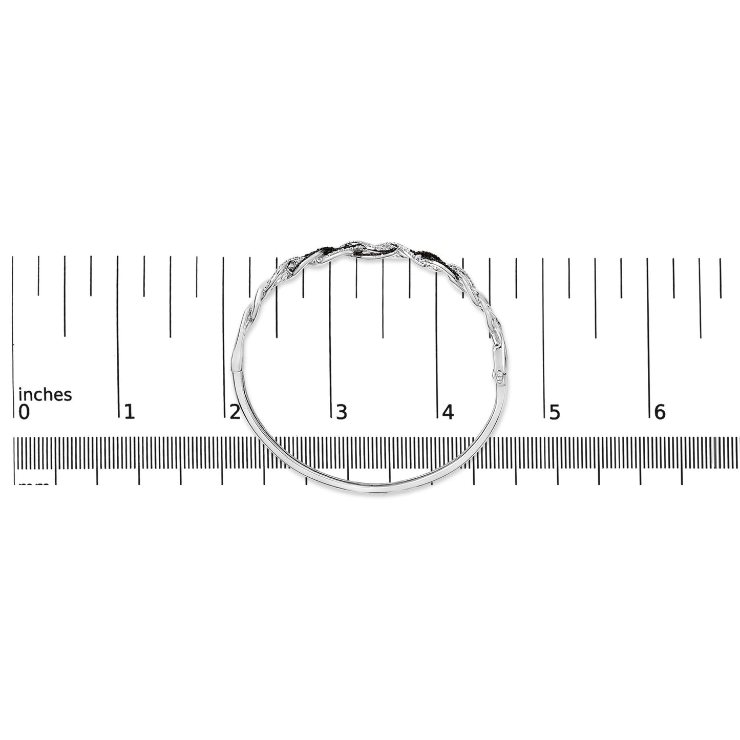 .925 Sterling Silver 3/8 Cttw White and Black Diamond Swirl Bangle Bracelet (Black Color, I3 Clarity) - 7.75" Inches