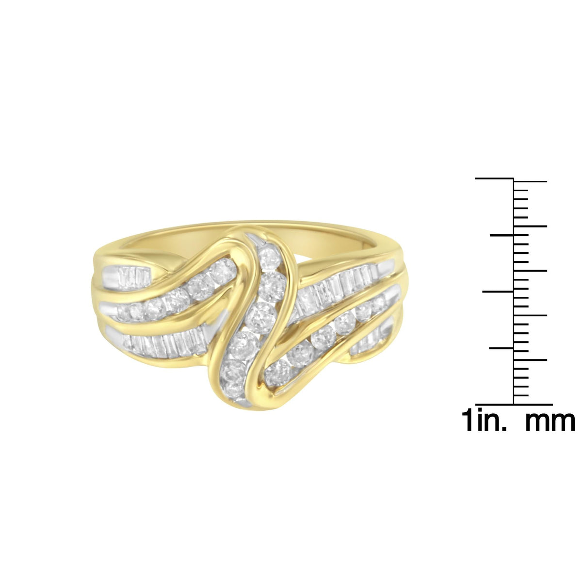 10K Yellow Gold 3/4 Cttw Channel Set Round and Baguette-cut Diamond Double Shank Bypass Ring (J-K Color, I1-I2 Clarity) - JackiEaslick