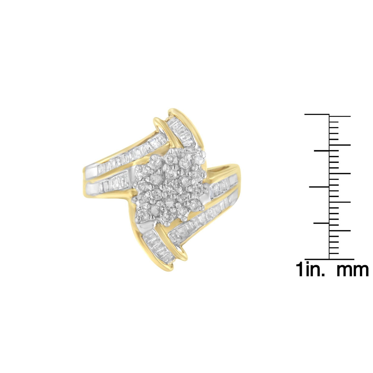 10K Yellow Gold Round and Baguette-Cut Diamond Bypass Cluster Ring (1.0 Cttw, I-J Color, I1-I2 Clarity) - JackiEaslick