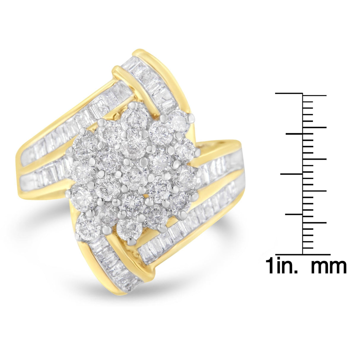 10K Yellow Gold Round and Baguette Diamond Crossover Cluster Ring (3 Cttw, I-J Color, I1-I2 Clarity) - JackiEaslick