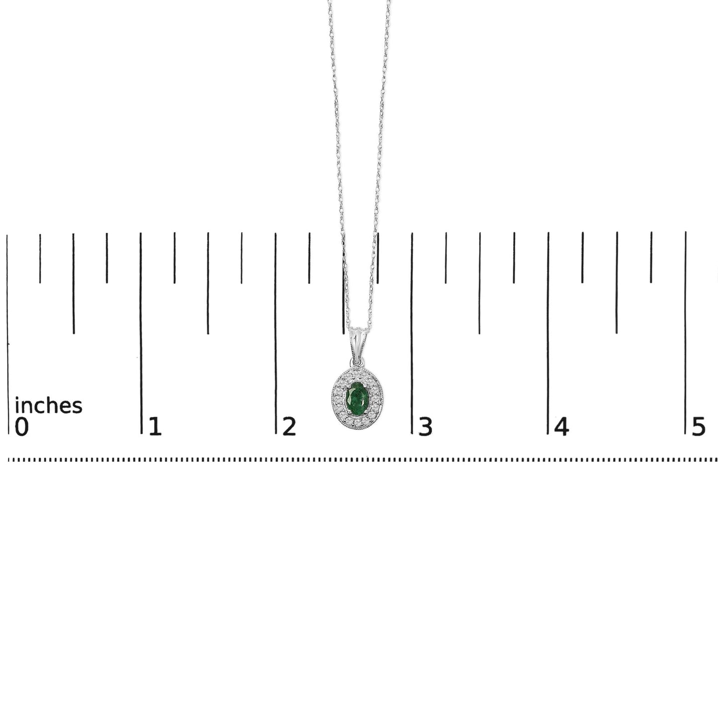 14K White Gold Oval 6x4 MM Green Emerald and Diamond Halo Pendant Necklace - 18 inch